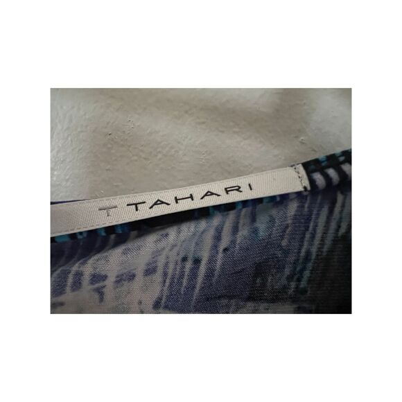 Tahari Dress Women's Size S/P/CH Ruffle blue white printed wrap Ruched sheath - Picture 11 of 12